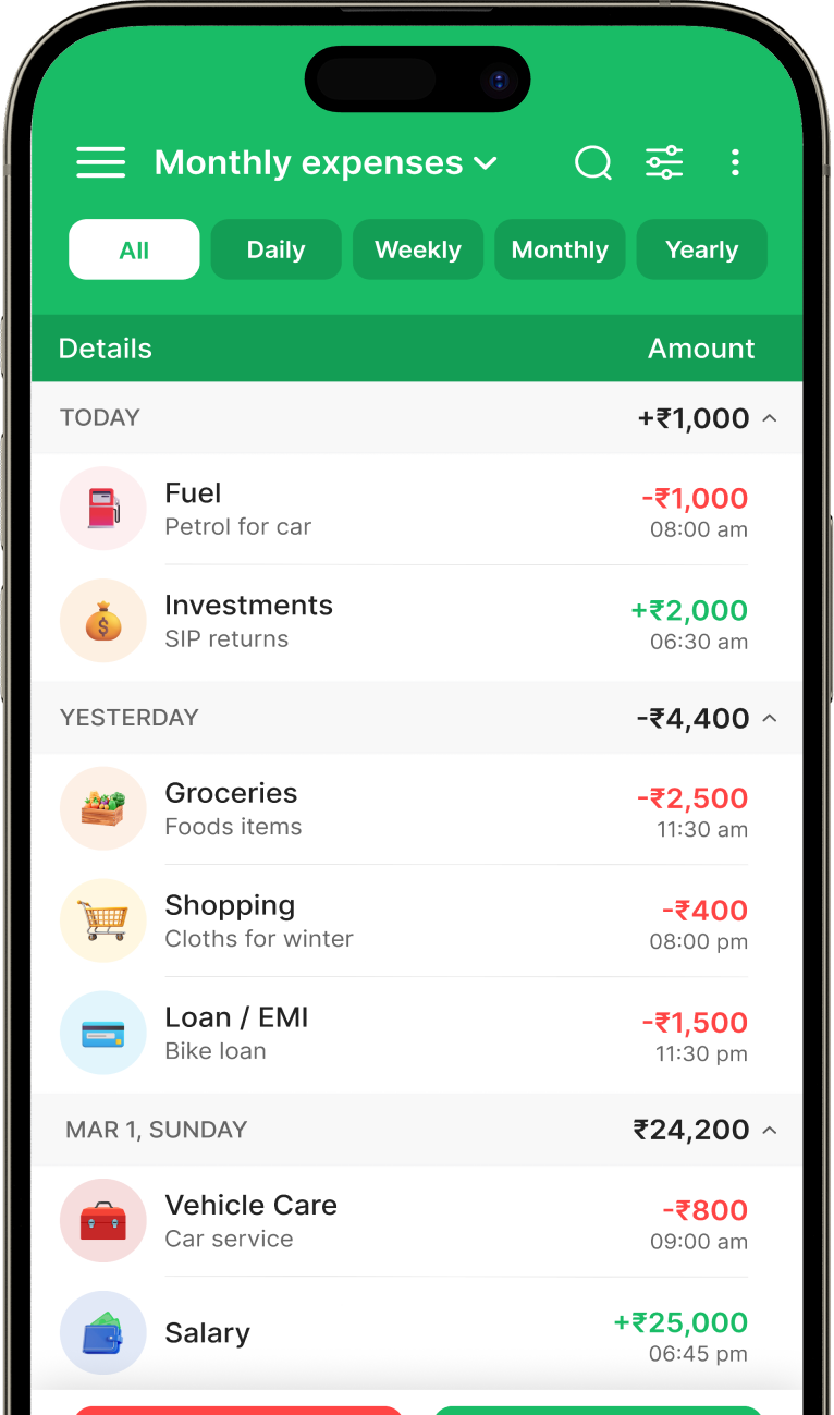 Expense Manager app screen showing monthly expenses